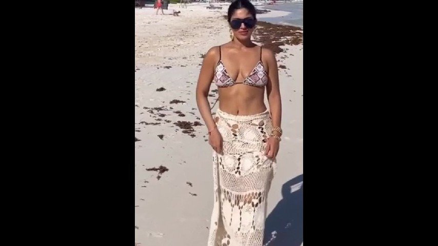 BHUMI PEDNEKAR SEXY TEASE AT BEACH IN BRA